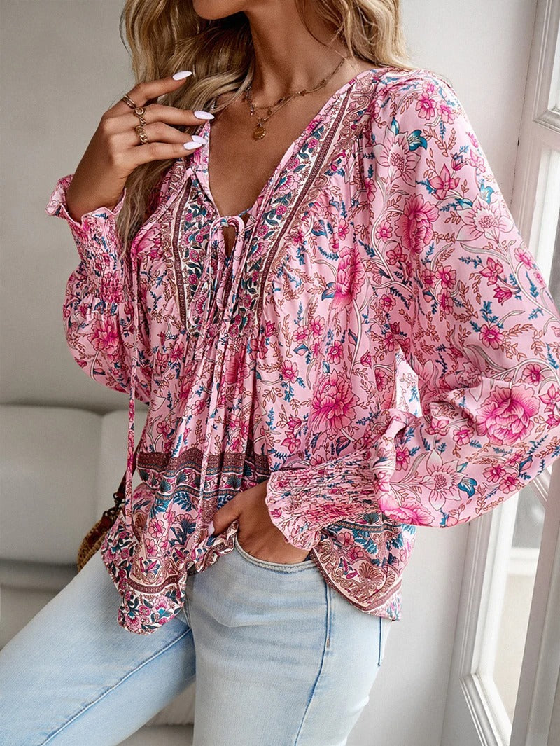 Boho Print V-Neck Blouse with Flowy Relaxed Fit