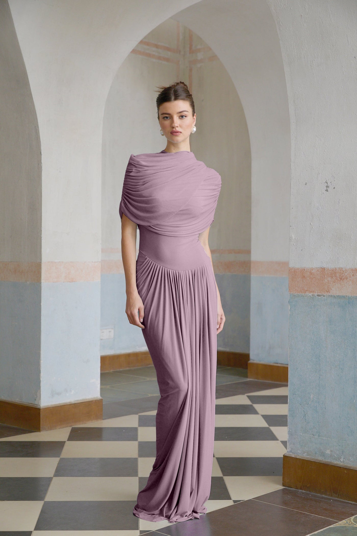 Catherine asymmetrical pleated maxi dress in Purple