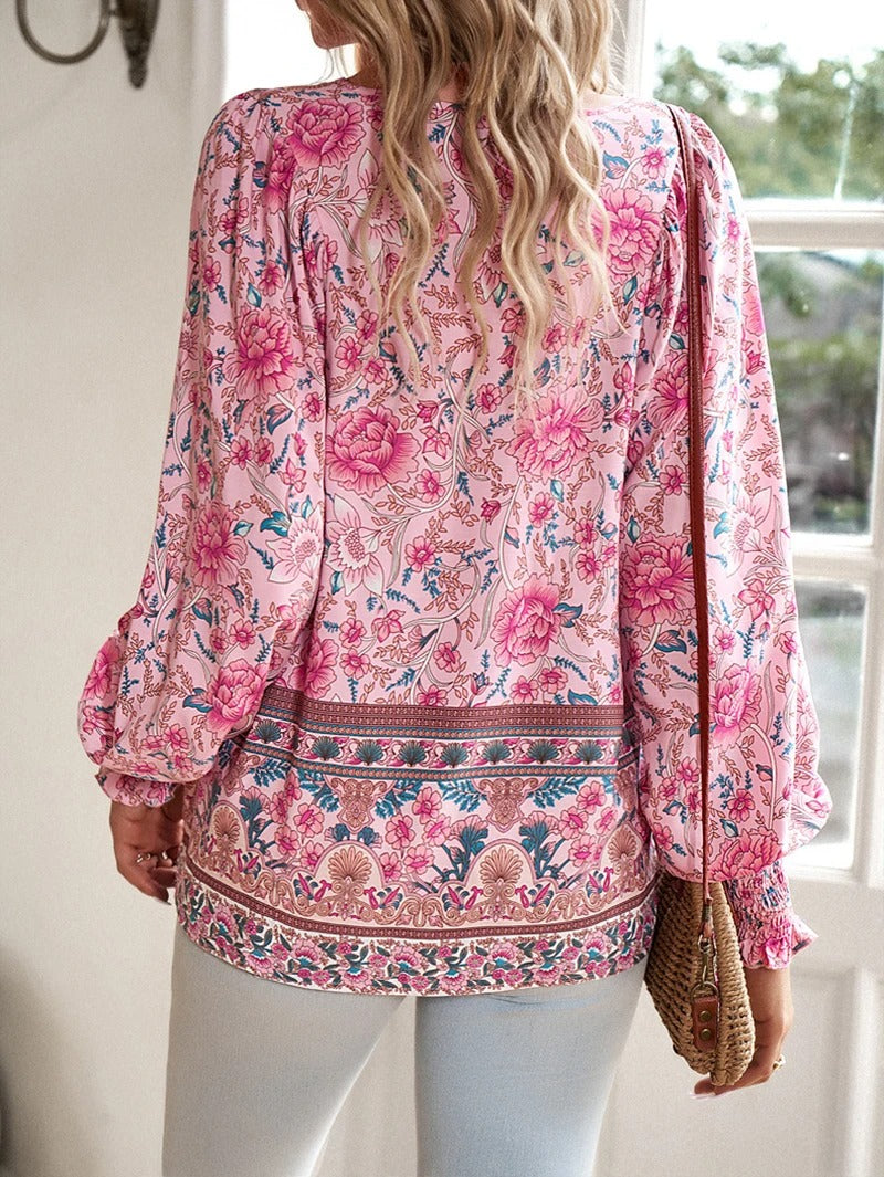 Boho Print V-Neck Blouse with Flowy Relaxed Fit