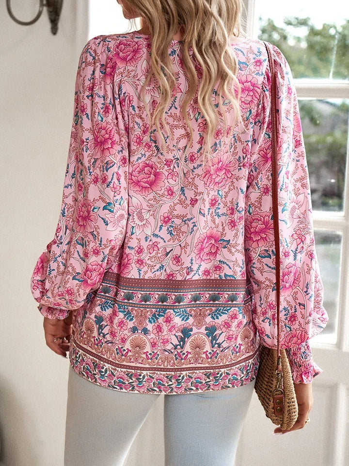 Boho Print V-Neck Blouse with Flowy Relaxed Fit