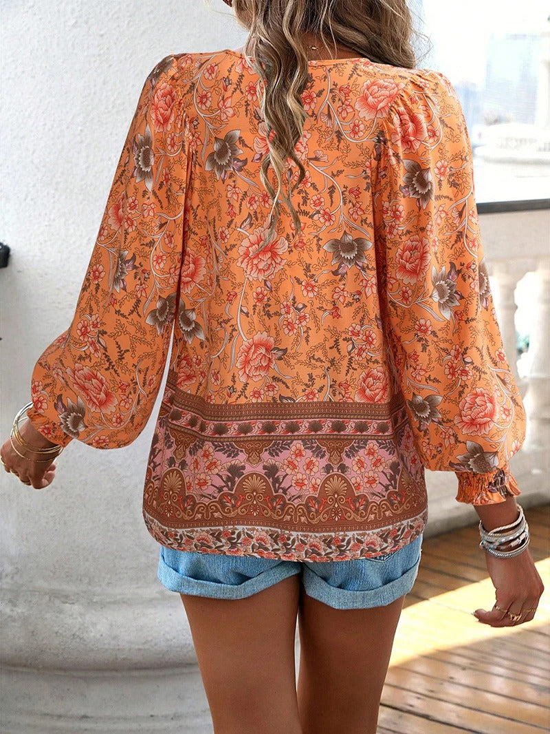 Boho Print V-Neck Blouse with Flowy Relaxed Fit