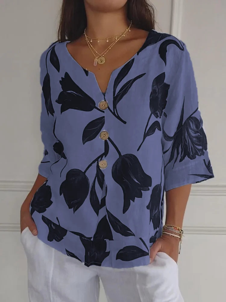 Floral Print V-Neck Blouse with Relaxed Everyday Fit