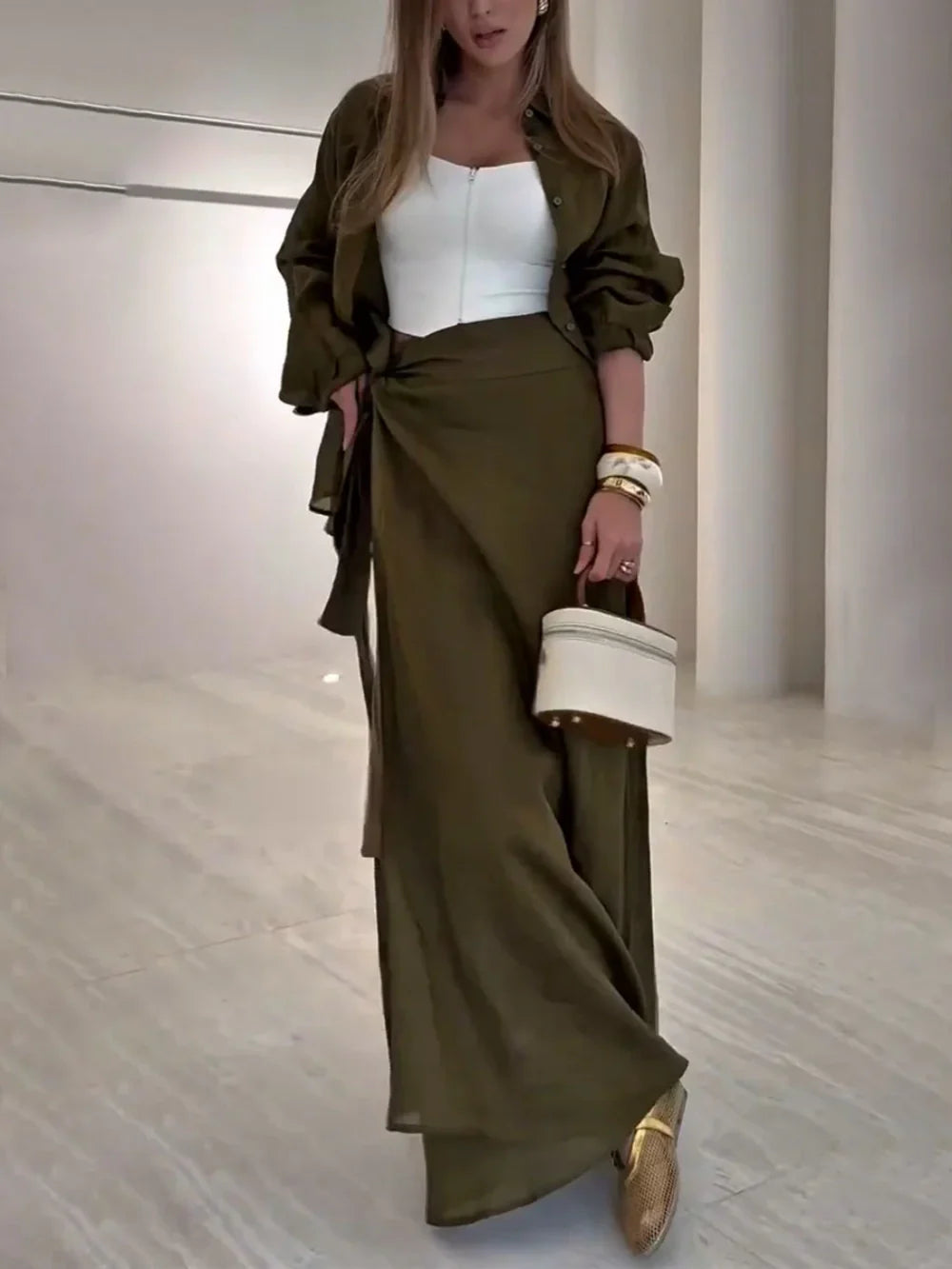 Olive green lace-up casual two-piece set