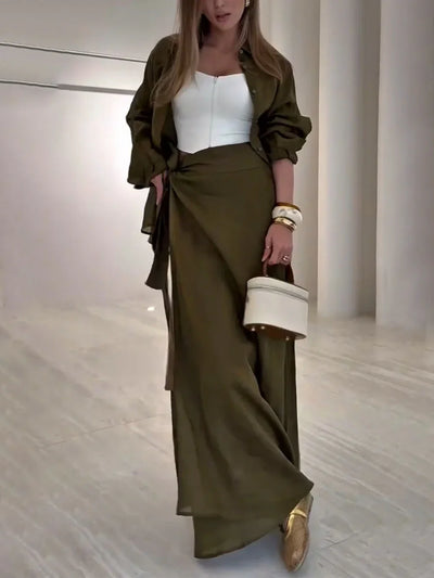 Olive green lace-up casual two-piece set