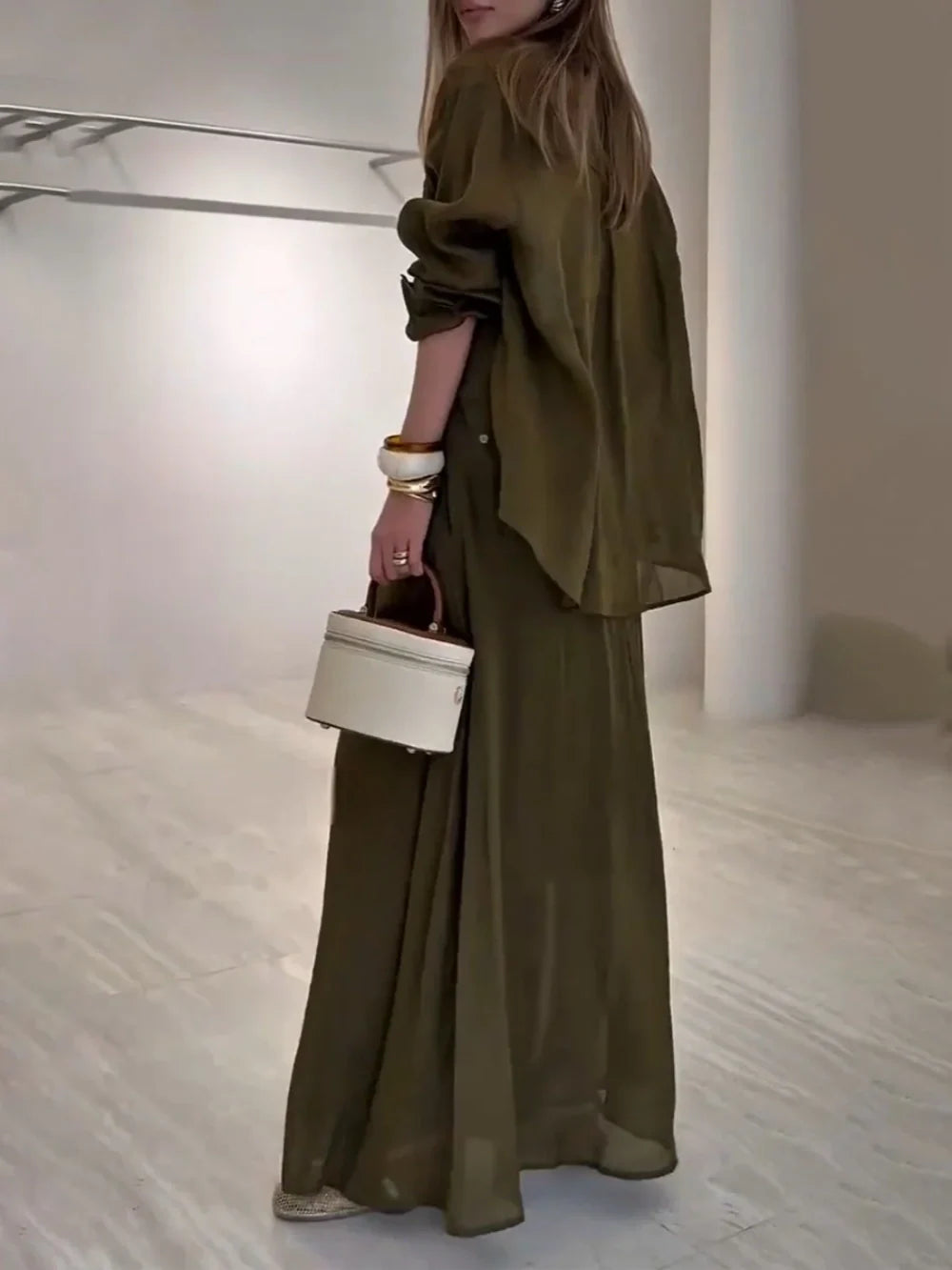 Olive green lace-up casual two-piece set