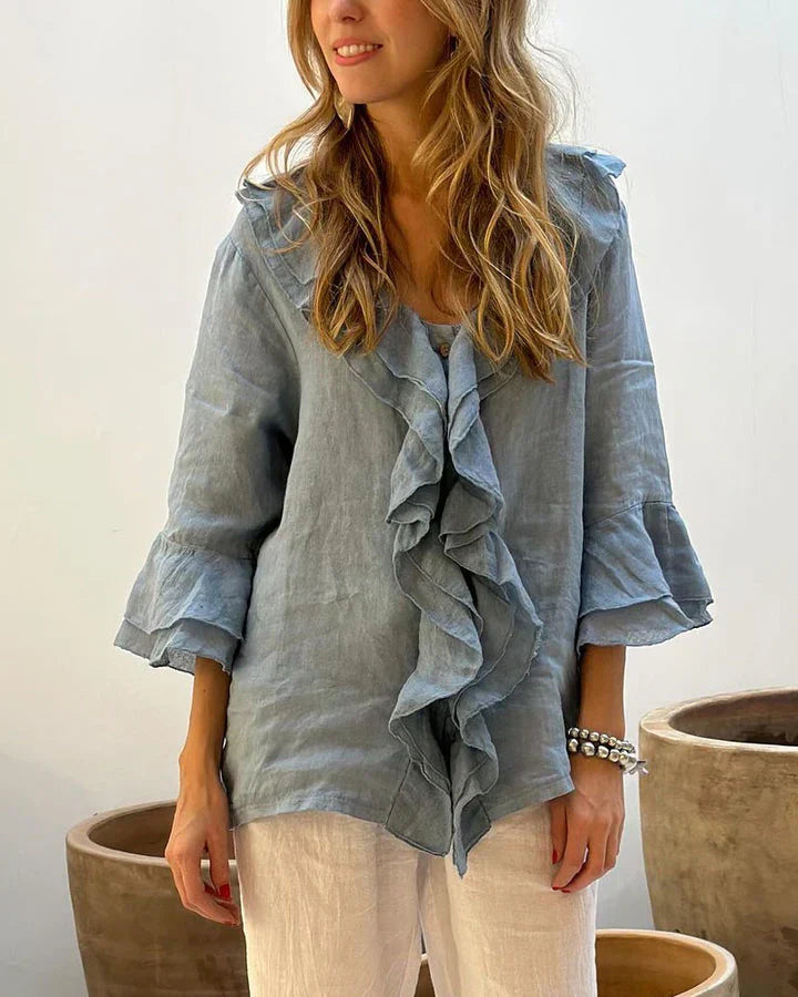 Ruffle Front Long Sleeve Blouse with Relaxed Elegant Fit