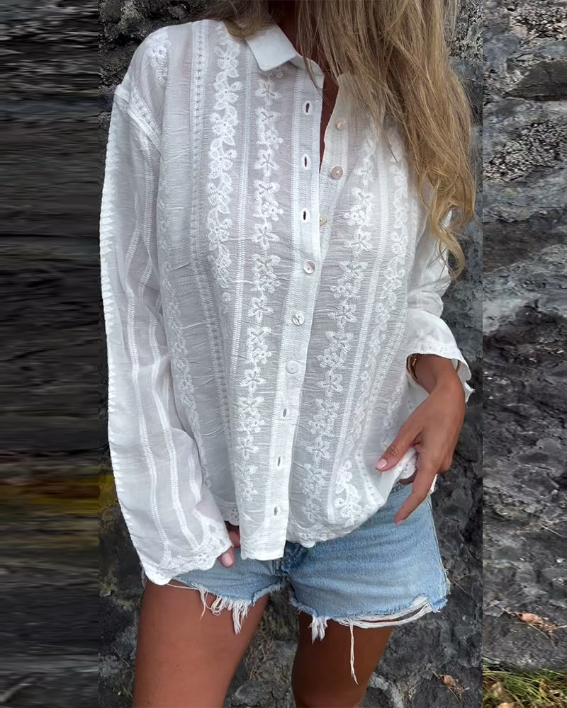 Embroidered Button-Up Blouse with Relaxed Feminine Fit