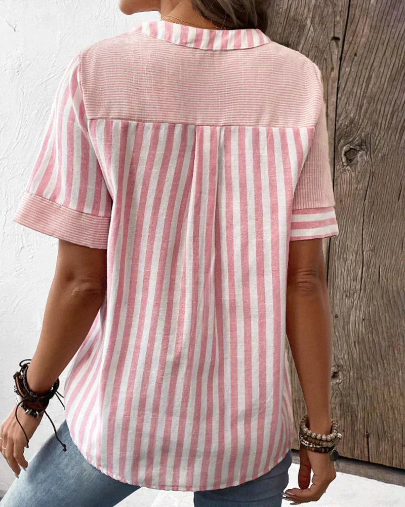 Striped Button Front Short Sleeve Blouse with Relaxed Fit