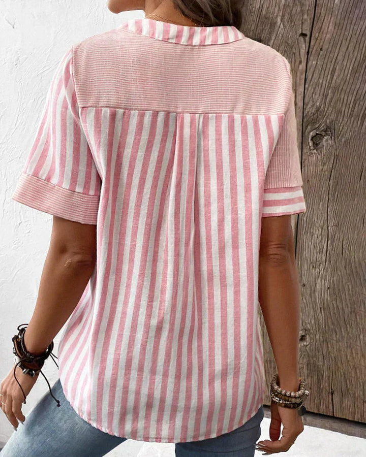 Striped Button Front Short Sleeve Blouse with Relaxed Fit