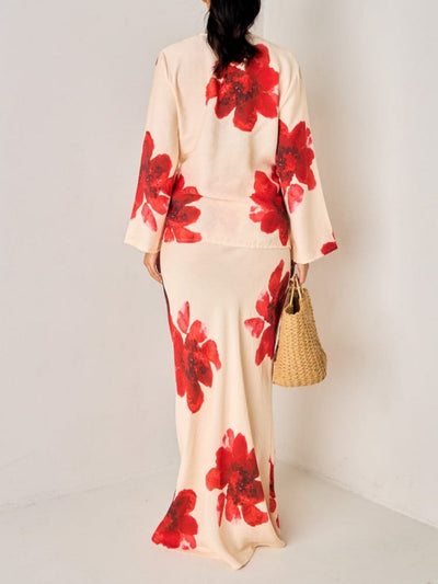 V-neck tie long-sleeved skirt printed suit