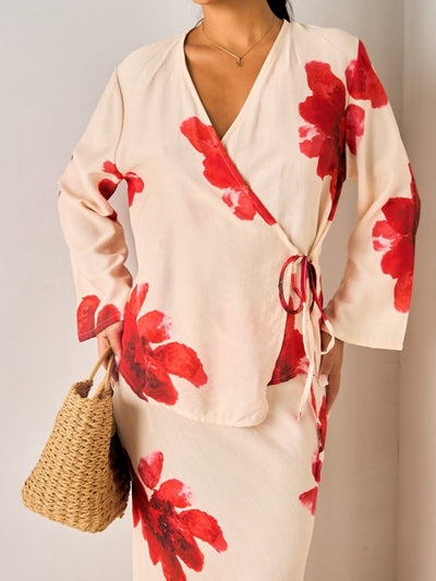 V-neck tie long-sleeved skirt printed suit