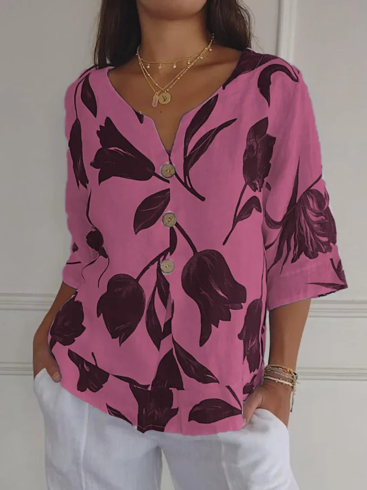 Floral Print V-Neck Blouse with Relaxed Everyday Fit