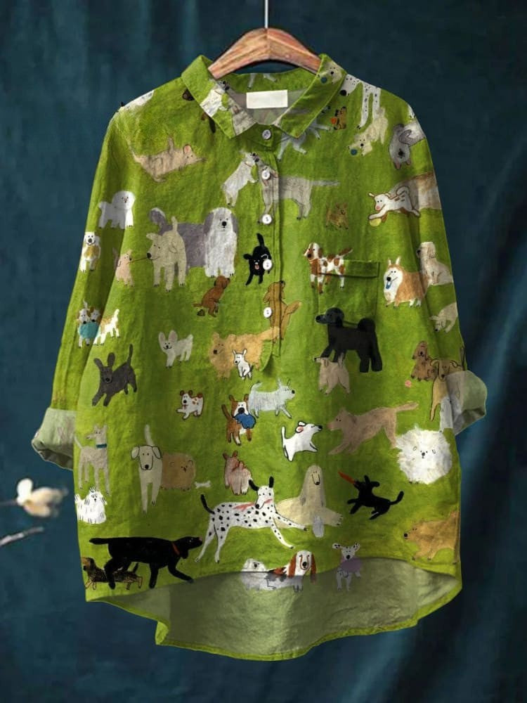 Women's Cute Dog Art Print Casual Linen Shirt