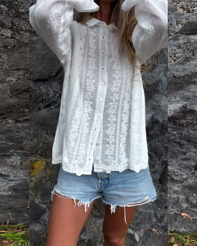 Embroidered Button-Up Blouse with Relaxed Feminine Fit