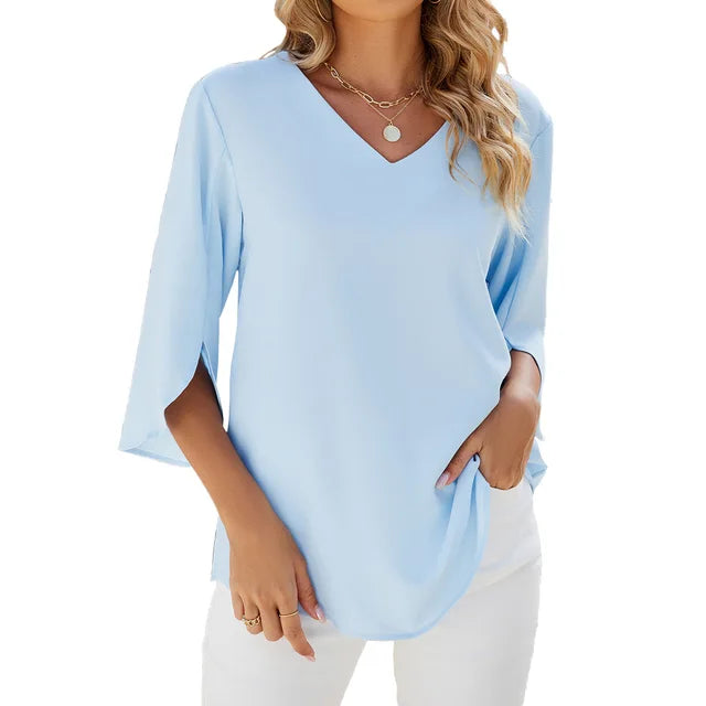 V-Neck Three Quarter Sleeve Top with Relaxed Fit