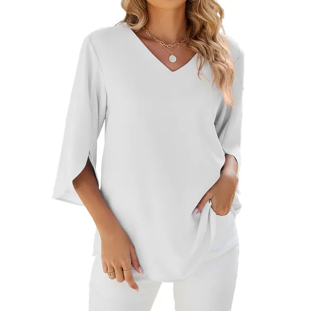 V-Neck Three Quarter Sleeve Top with Relaxed Fit