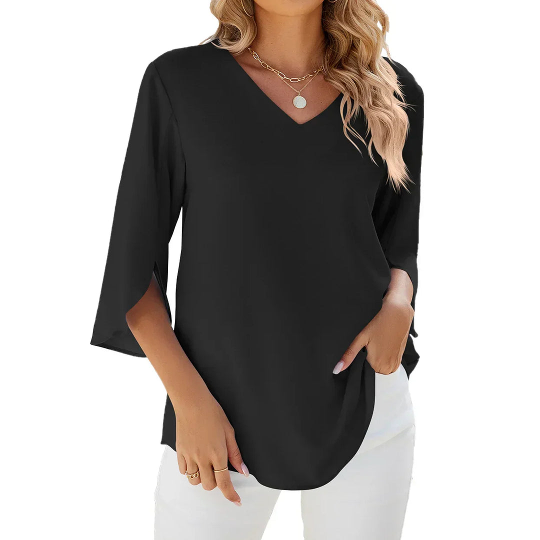 V-Neck Three Quarter Sleeve Top with Relaxed Fit
