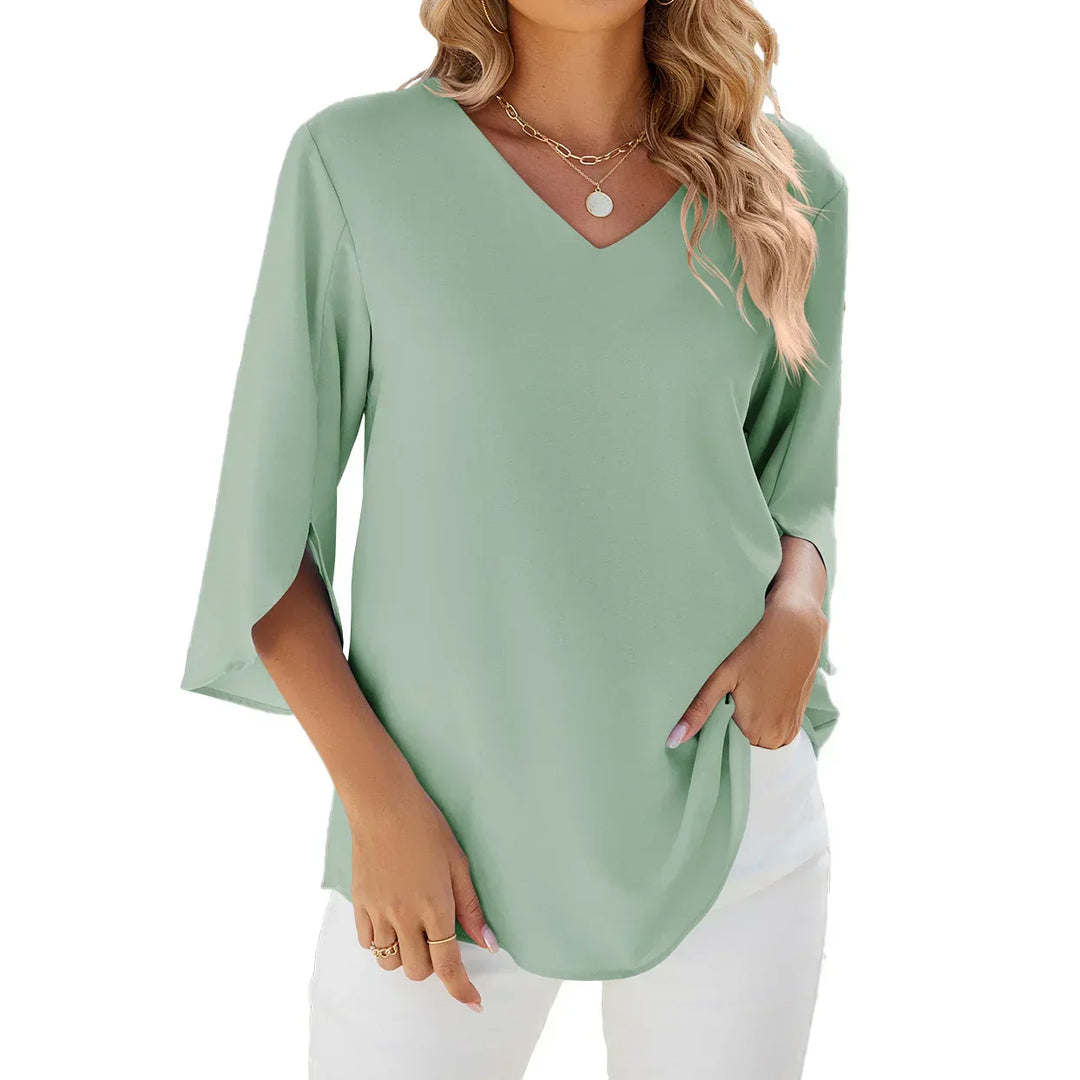 V-Neck Three Quarter Sleeve Top with Relaxed Fit