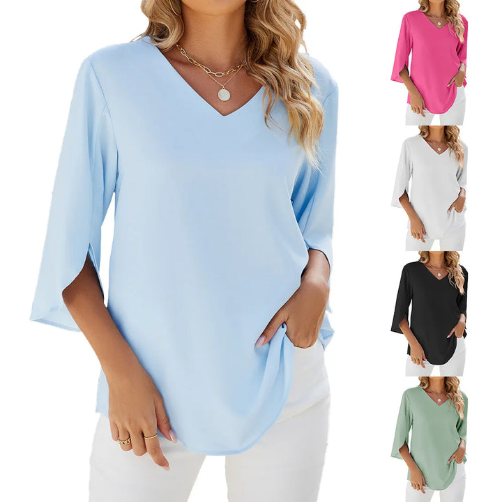 V-Neck Three Quarter Sleeve Top with Relaxed Fit