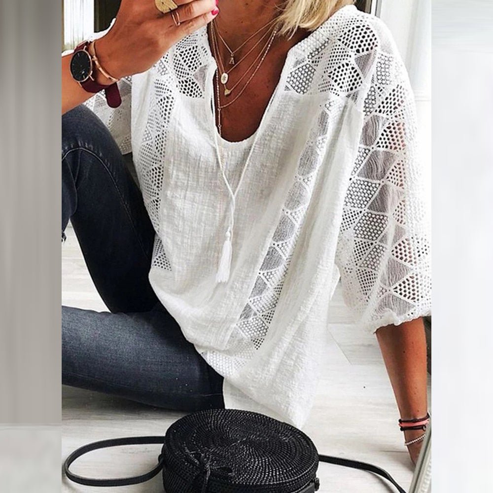 Open Knit V-Neck Short Sleeve Top with Relaxed Fit