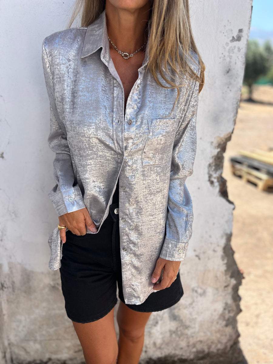 Metallic Button-Up Shirt with Relaxed Statement Fit
