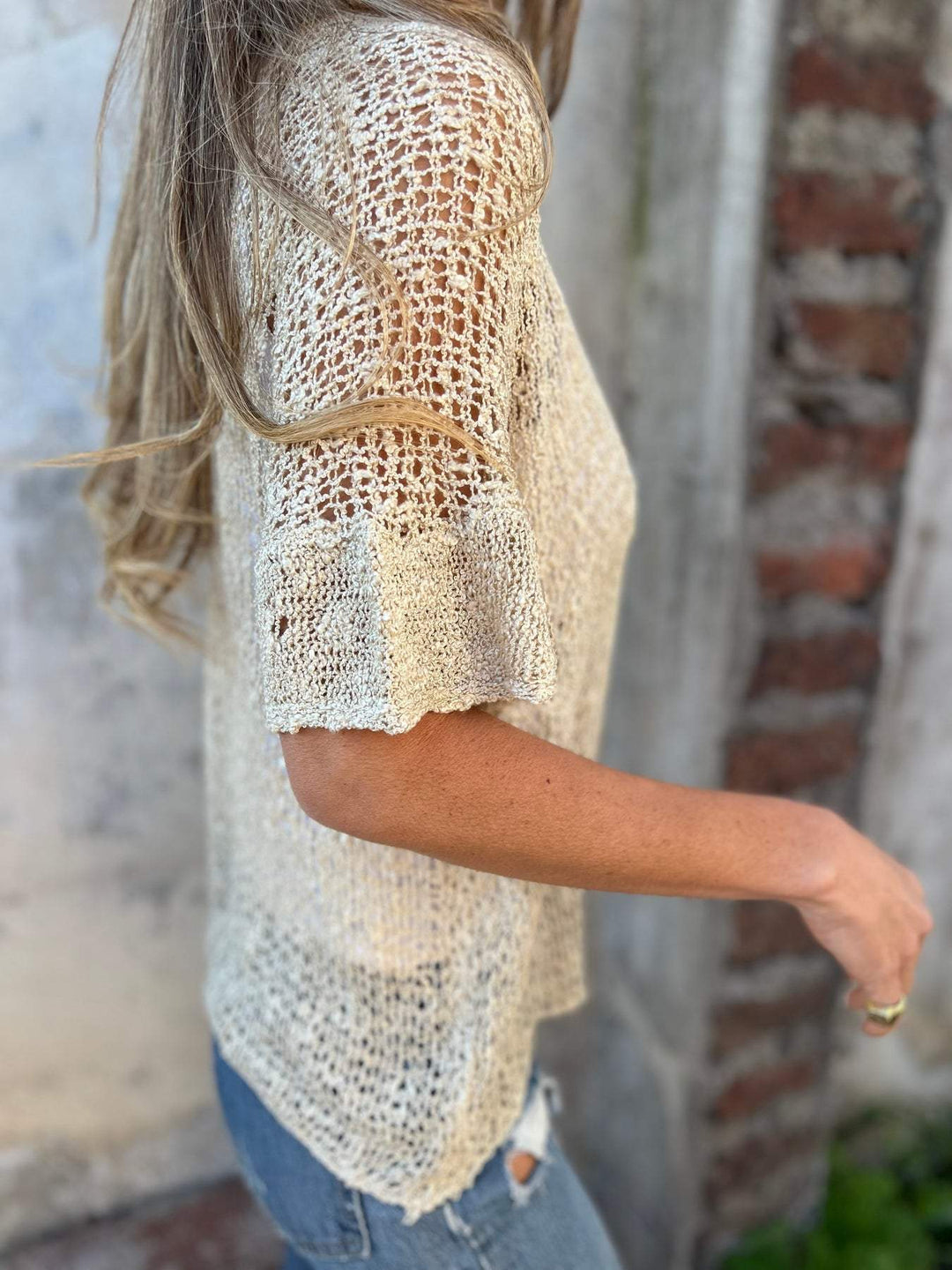 Open Knit Button Front Blouse with Relaxed Fit