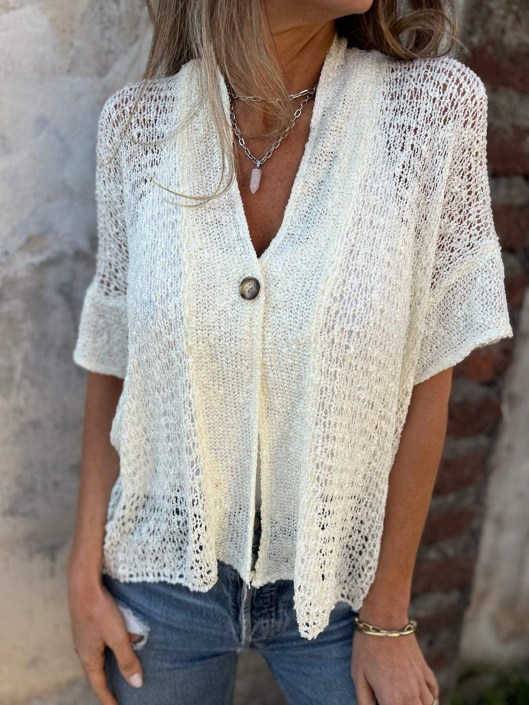 Open Knit Button Front Blouse with Relaxed Fit
