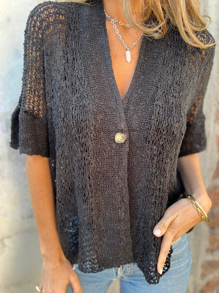 Open Knit Button Front Blouse with Relaxed Fit