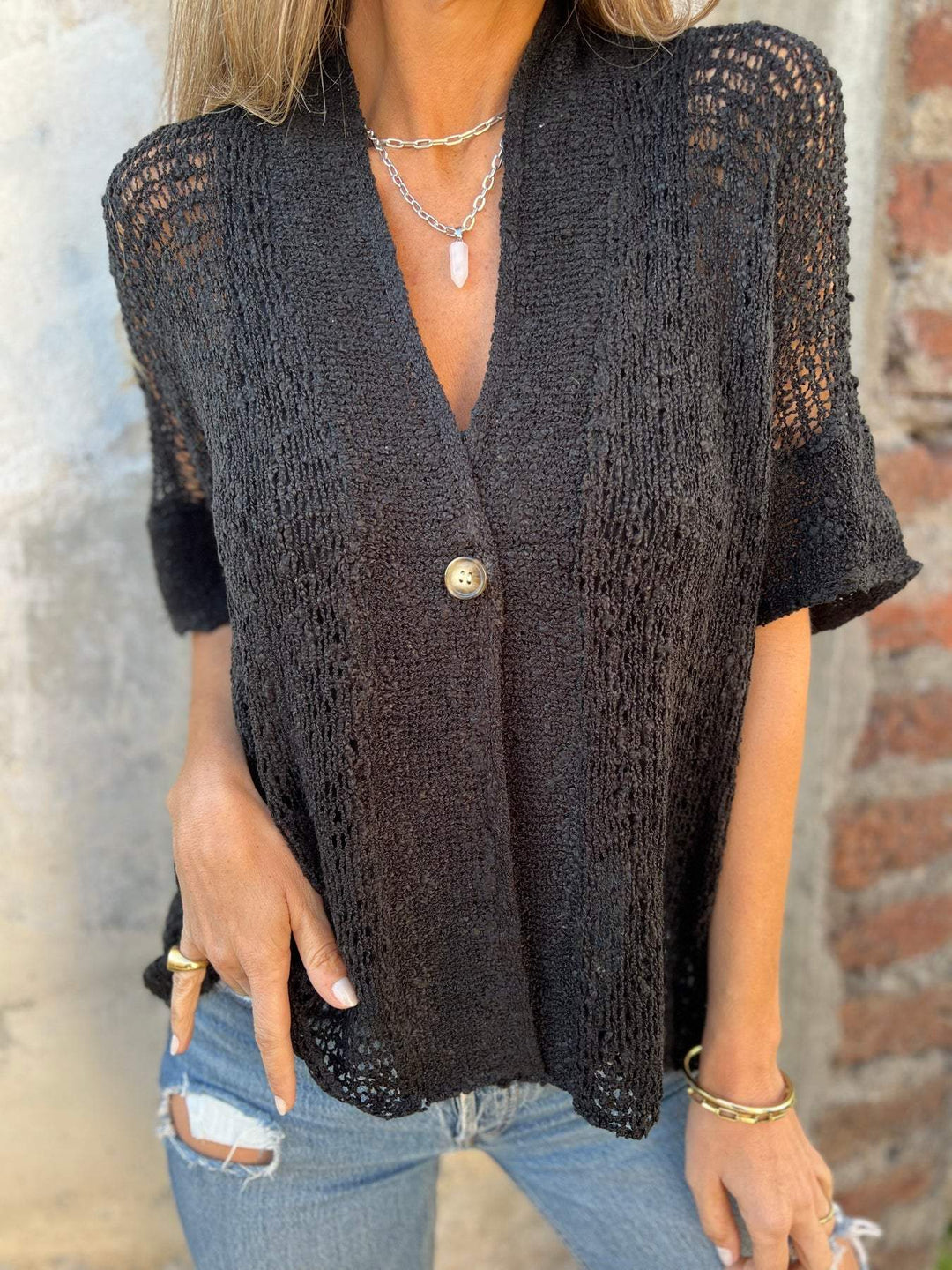 Open Knit Button Front Blouse with Relaxed Fit