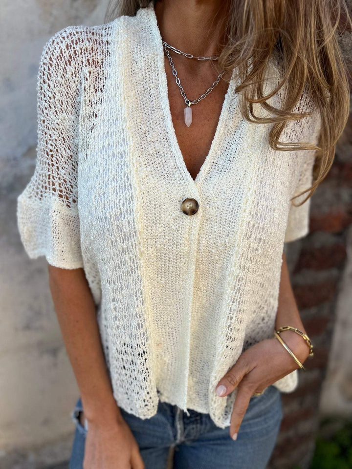 Open Knit Button Front Blouse with Relaxed Fit