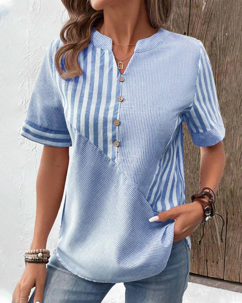 Striped Button Front Short Sleeve Blouse with Relaxed Fit