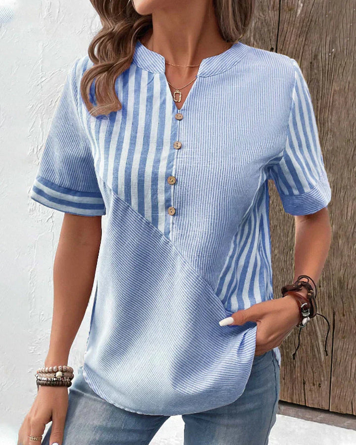 Striped Button Front Short Sleeve Blouse with Relaxed Fit