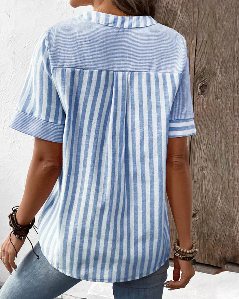Striped Button Front Short Sleeve Blouse with Relaxed Fit