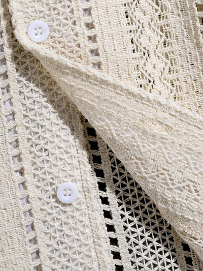 Men's Solid Color Hollow Cuban Collar Crochet Short Sleeve Shirt