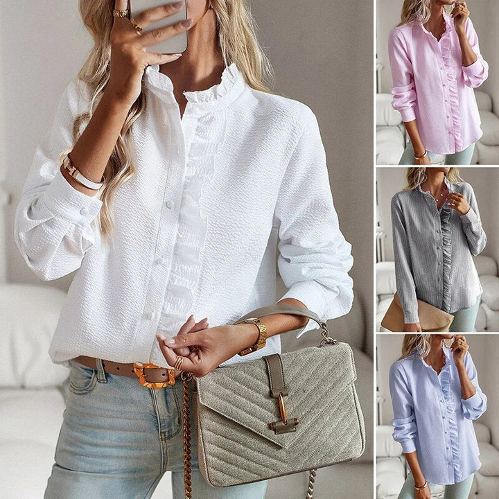 Ruffle Front Button-Up Blouse with Relaxed Elegant Fit