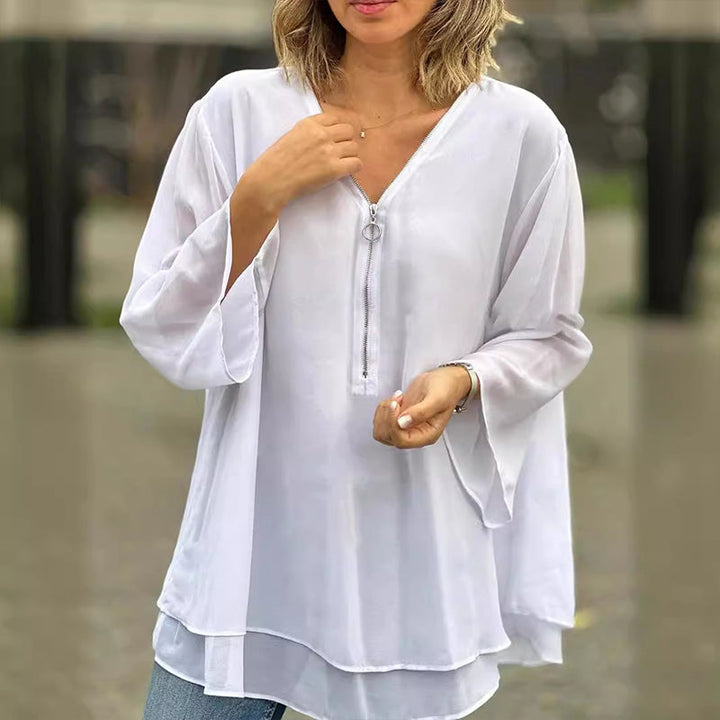Flowy V-Neck Long Sleeve Blouse with Relaxed Fit