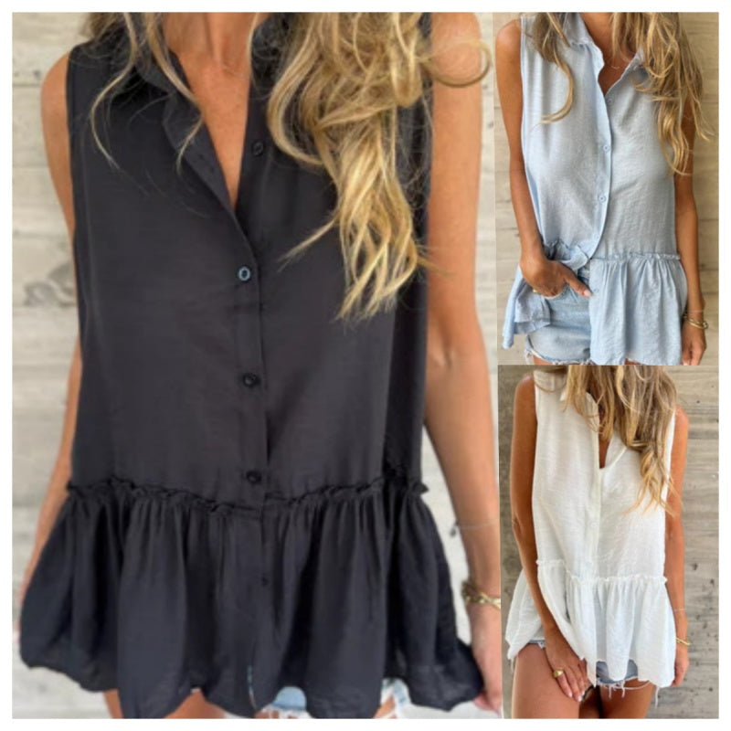 Sleeveless Button Front Peplum Top with Relaxed Fit