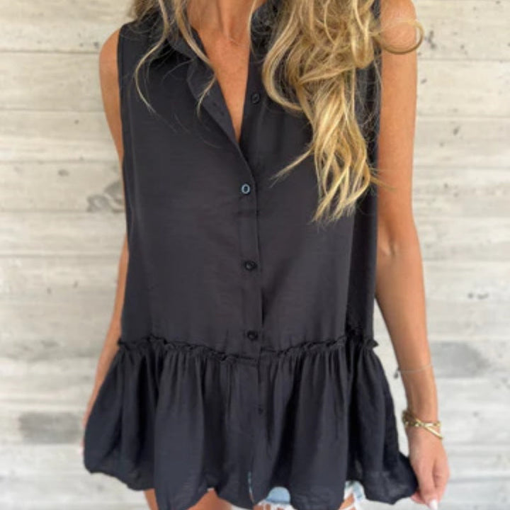 Sleeveless Button Front Peplum Top with Relaxed Fit