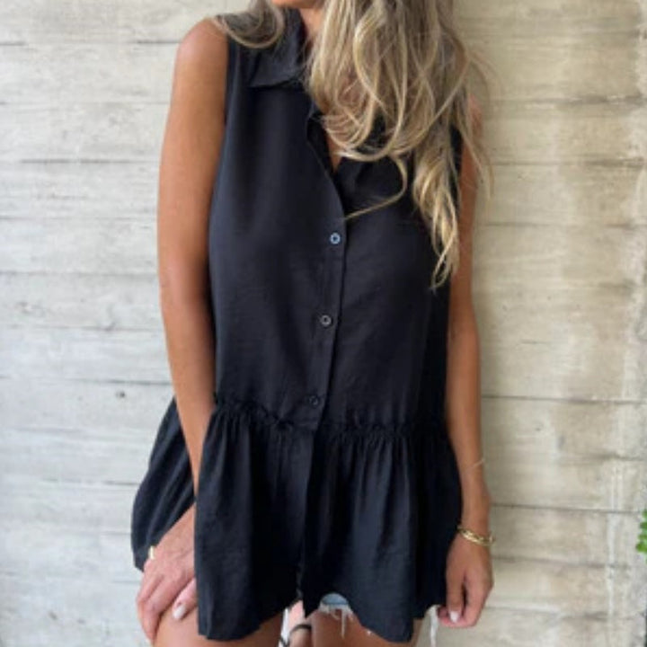 Sleeveless Button Front Peplum Top with Relaxed Fit