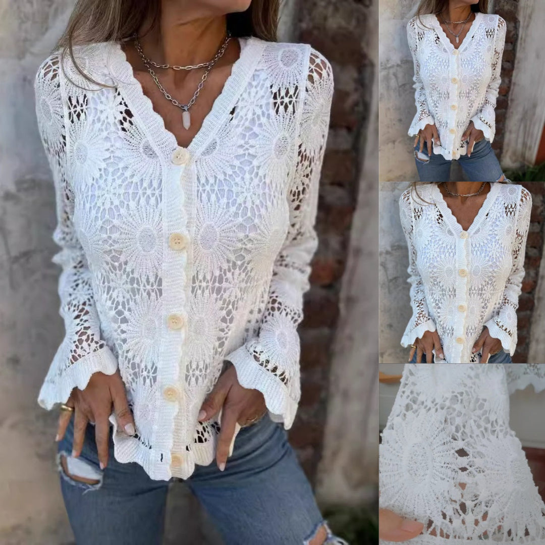 Lace Button Front V Neck Blouse