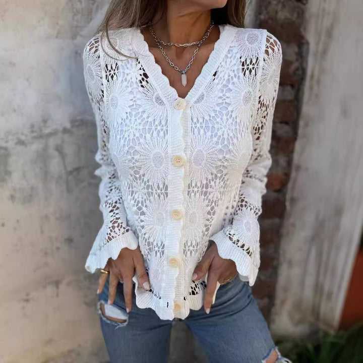 Lace Button Front V Neck Blouse