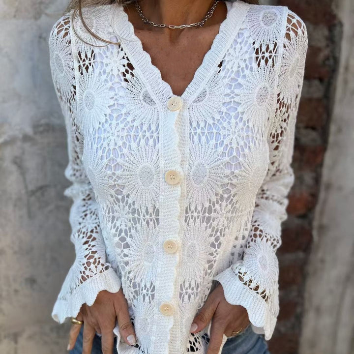 Lace Button Front V Neck Blouse
