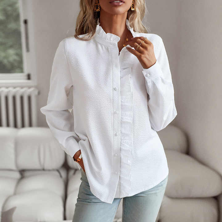 Ruffle Front Button-Up Blouse with Relaxed Elegant Fit