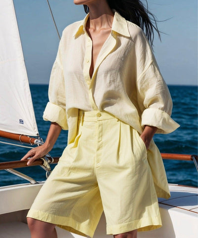 Long-sleeved Shirt Wide-leg Shorts Cotton and Linen Suit